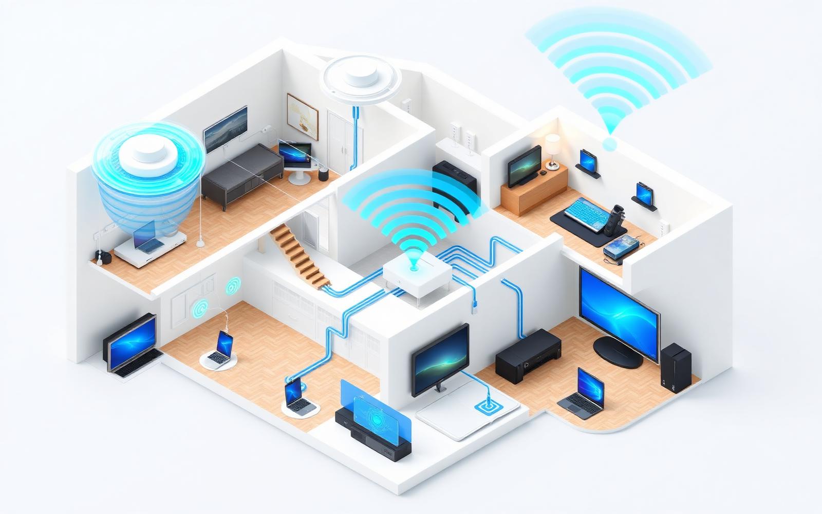 现代住宅全屋 Mesh Wi-Fi 与多设备网络覆盖示意图
