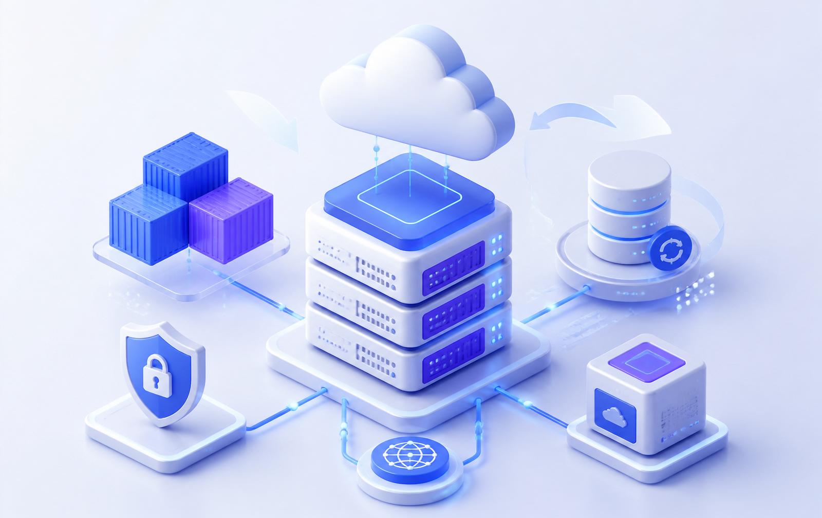云服务器、Docker 容器、数据库与网站服务连接示意